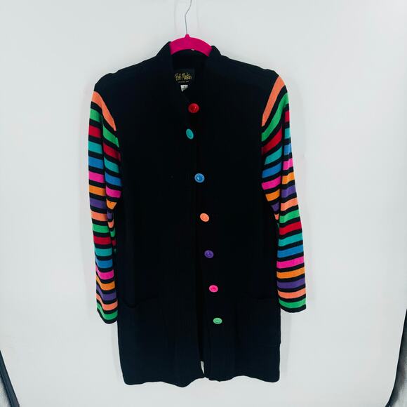 Bob Mackie Sweaters - Vintage Bob Mackie Wearable Art Striped Long Sleeve Button-Down Long Cardigan S